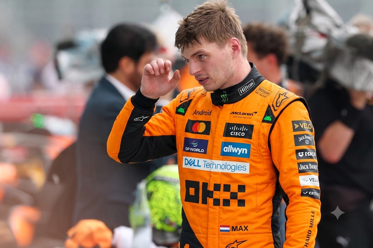 Max Verstappen con un mono de McLaren, imagen que ilustra los rumores de su posible fichaje para 2027